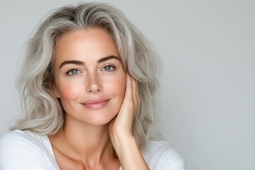 Naklejka premium Smiling mature woman with long grey hair, soft blush, and natural makeup wearing white top against light background, minimalistic beauty, classic elegance, aging gracefully, copy space for text