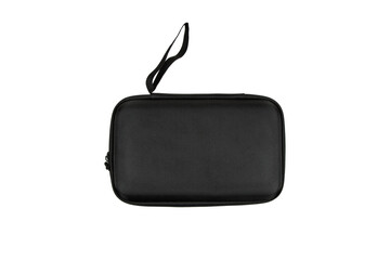 Protective hard case with a zipper and a black fabric texture. Isolate on a white back. © solidmaks