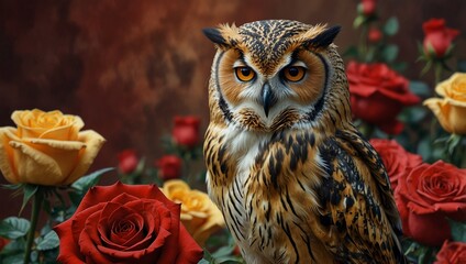 Image of a beautiful owl on the roses