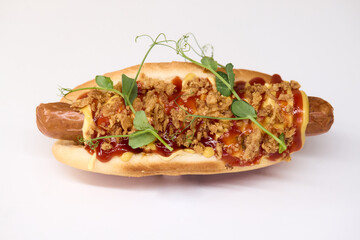 Gourmet Hot Dog featuring Crispy Toppings along with a delicious Sauce for extra flavor