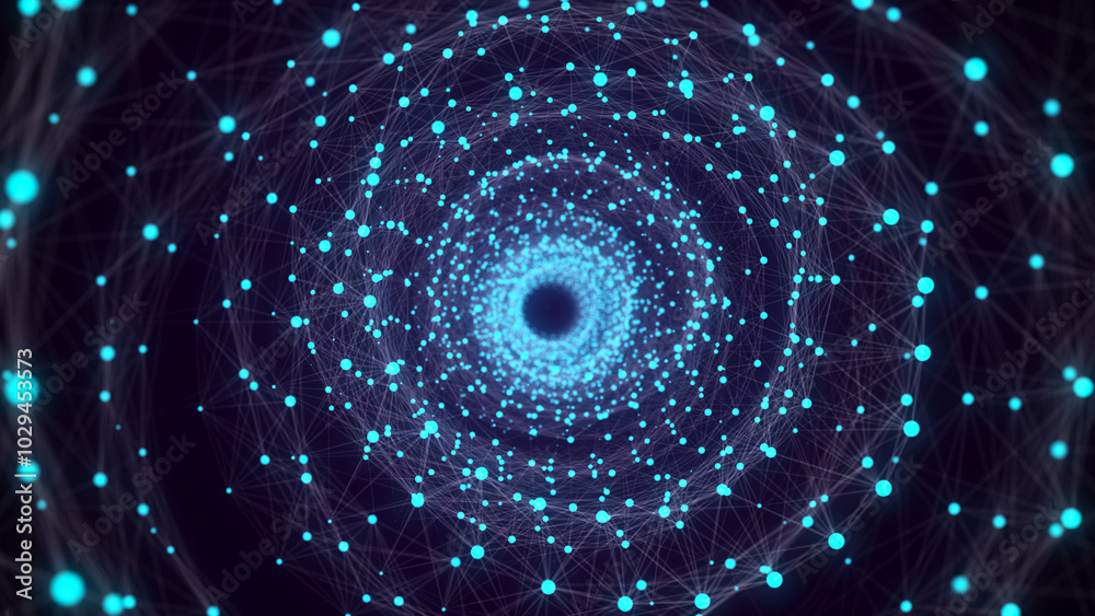 Poster Abstract 3d portal. Circle tunnel or wormhole. Digital background with connected blue dots and lines. 3D rendering.