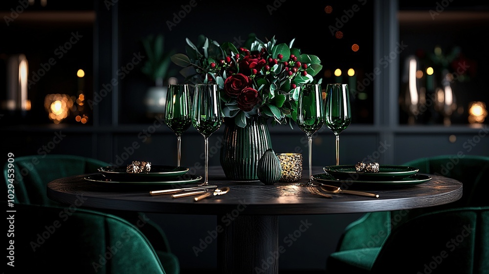 Poster   Green chairs, vase of flowers on green plates with silverware