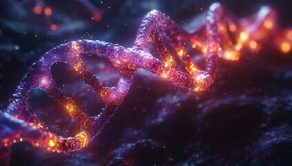 A vibrant, glowing DNA double helix against a dark background, symbolizing genetic science.