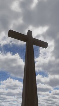 Cross against the background of flying clouds. Time lapse. 3d render