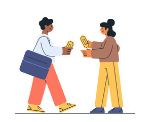 People exchanging movie tickets cinema theatre scene two characters holding tickets colorful flat design website banner