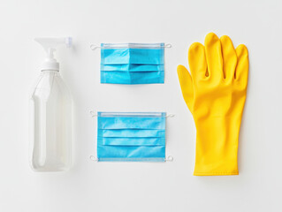 Cleaning supplies and green leaves artfully arranged on a bright, minimalist backdrop - Powered by Adobe