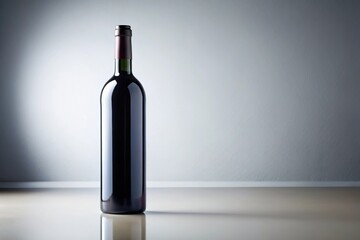 single black wine bottle on white surface with shallow depth of field