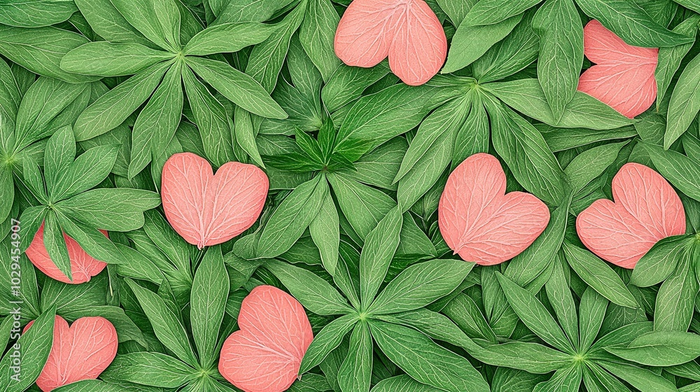 Wall mural   Group of pink hearts on lush green leaf field