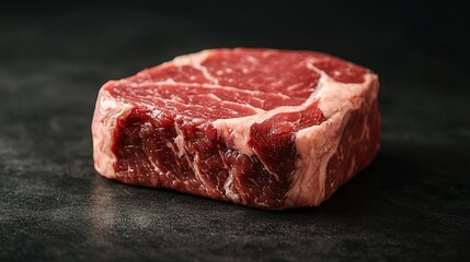 Fototapeta premium A slice of raw meat sits atop a black counter alongside a slab of meat on a table