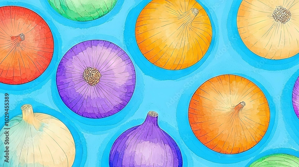 Poster   A vibrant depiction of multicolored onions and umbrellas against a backdrop of azure, featuring a central white speckle