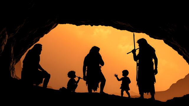 Silhouettes of group of cavemen with child from inside of a cave. Generative AI