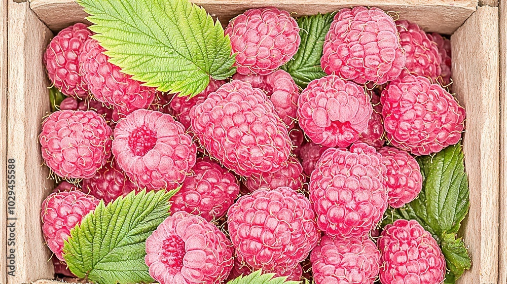 Poster   A green leaf tops a raspberry atop the center of the box