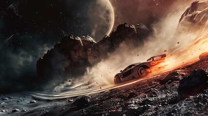 sports car racing on a fire road in a lunar landscape