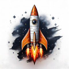 An orange and white rocket launching with bright flames against a starry grey background