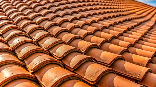 Sloped red clay tile roof with round beaver tail edge extreme close-up