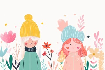 Two smiling girls in warm winter clothing surrounded by whimsical flowers, perfect for seasonal or friendship illustrations.