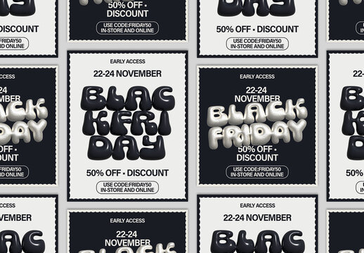 Black Friday Sale Social Media Post Layout Set with 3D Bubble Text Effect