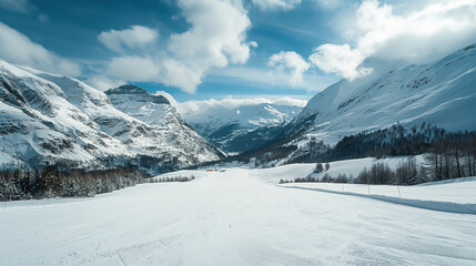 Empty ski slope, mountains, magnificent winter mountain landscape