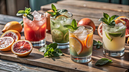 Fototapeta premium Four colorful cocktails with ice, garnished with fresh mint and citrus slices, are beautifully arranged on a rustic wooden table under natural sunlight