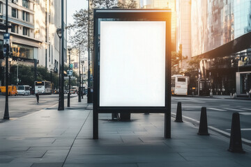 White bus stop billboard poster in a station with cars in moving in the background, Front view, mockup concept blank poster with city traffic