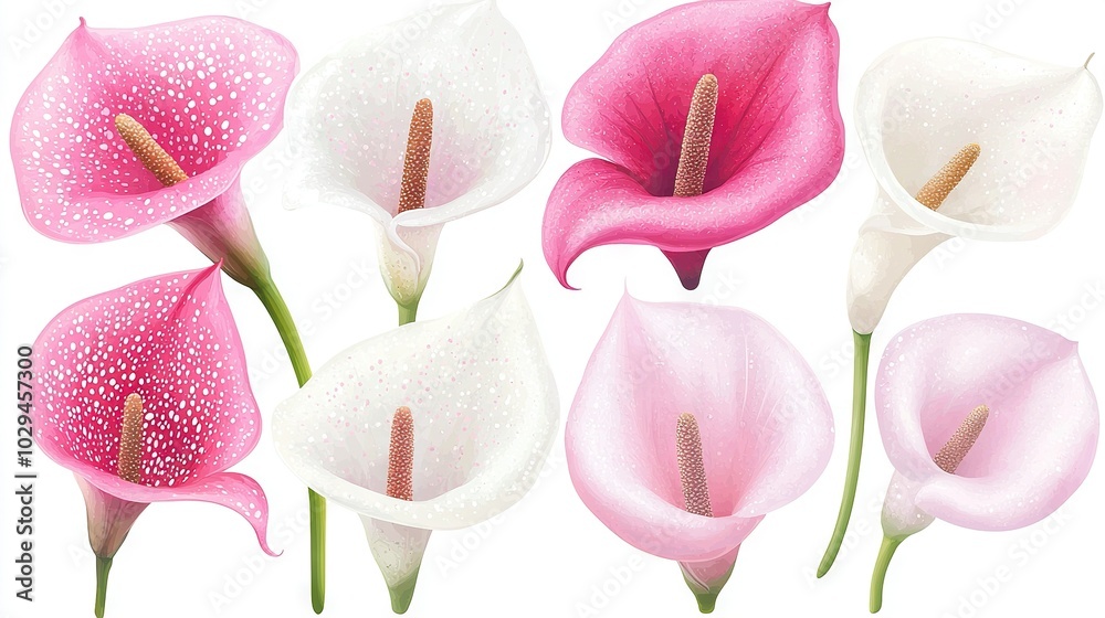 Wall mural   A group of pink and white calla lilies with droplets on petals against a white backdrop