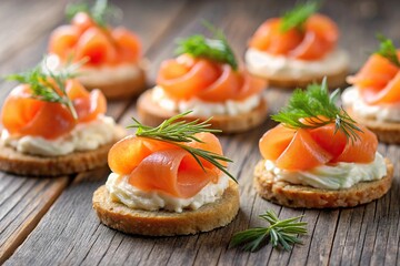 Smoked salmon canapes with cream cheese and dill