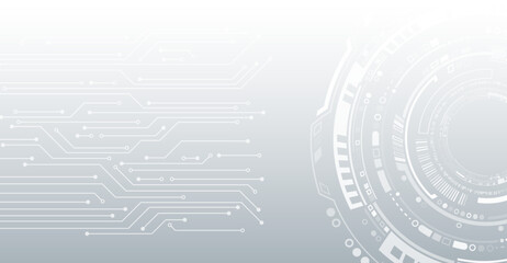 Abstract grey high tech background consisting of printed circuit board circles and other technological elements. Digital communication, data protection, futuristic presentation, science cover.