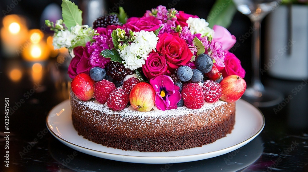 Wall mural   A close-up of a cake on a plate with flowers and berries, and a glass of wine in the background