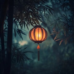 Traditional Chinese Lantern in Bamboo Forest