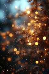 Golden shiny magic Christmas tree branches. Winter holiday fairy garlands illumination and festive details