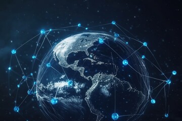 A digital rendering of the Earth with lines connecting various locations on it, symbolizing a global network and connectivity Blue dots representing weather station locations Generative AI