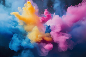 Color powder splash rainbow background paint holi smoke colour. Exploding dust, pink and blue and yellow, vibrant.