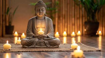 Fototapeta premium Estatua de Buda rodeada de velas en un ambiente zen