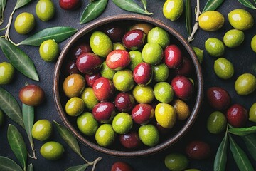 Bowl overflowing with freshly picked green and red olives