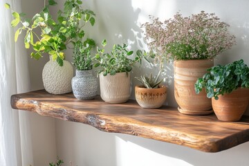 Fototapeta premium natural minimalist decor, serene living room featuring japandi farmhouse decor on a weathered wooden shelf, combining natural textures with minimalist elegance