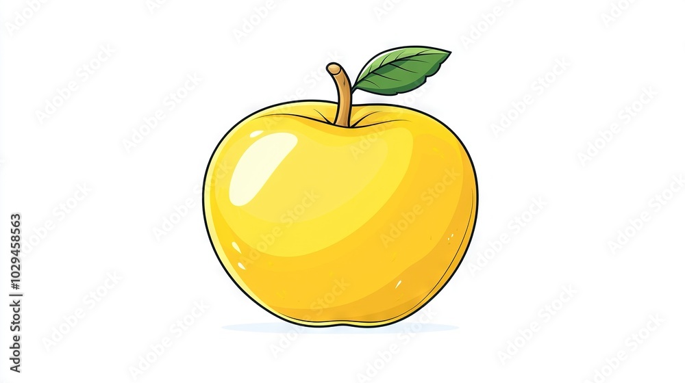 Poster   A yellow apple with a green leaf on its stem against a white backdrop