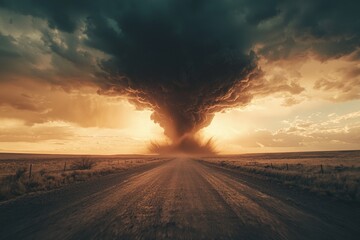 Naklejka premium A dust storm forms on a dirt road at sunset.