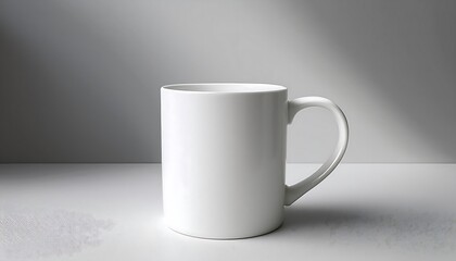 Simple white ceramic mug mockup centered on soft light gray background with subtle shadow for design purposes. Generative AI