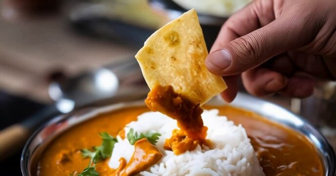 Delicious homemade curry with rice and poppadom served in cozy kitchen