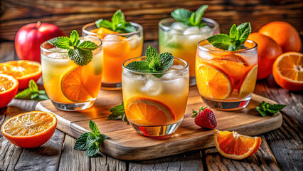 A vibrant display of refreshing cocktails featuring citrus fruits and mint, beautifully presented on a rustic wooden surface, creating an inviting atmosphere