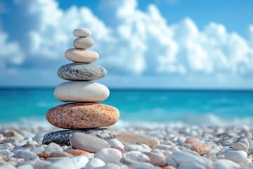 Fototapeta premium Stack of white and grey pebbles balancing on top of each other on the beach