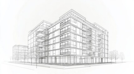 Abstract 3D illustration of modern urban buildings in black and white outlined from a unique architectural perspective