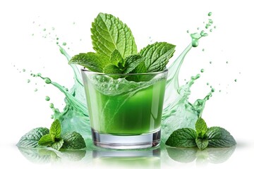 mint juice splash isolated on white background Reflected