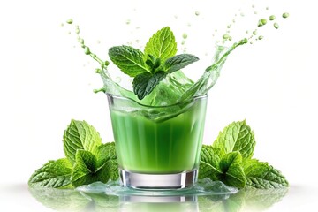 Mint juice splash reflection on white background