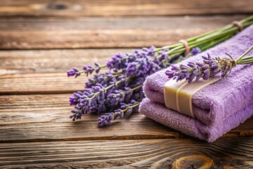 Soap towel and lavender on wooden background closeup