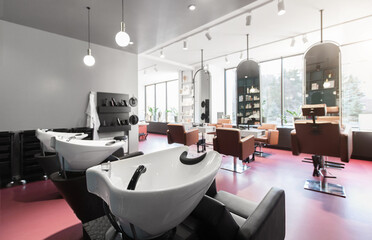 View of a modern bright beauty salon. Hair salon and make up store, modern light interior
