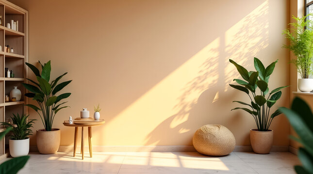 This tranquil indoor area features soft sunlight streaming through a window, highlighting green plants and a cozy seating arrangement. Perfect for relaxation