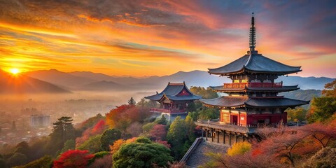 Fototapeta premium Sunrise over Sanjunoto pagoda and Kiyomizu dera Temple in autumn season Kyoto Tilted Angle
