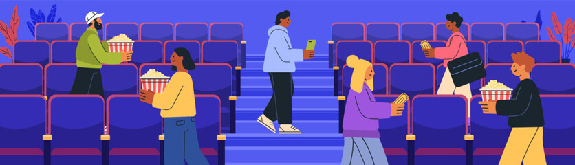 People attending cinema theater holding popcorn. Diverse individuals walking in aisles with snacks and tickets. Bright colors blue background. Website banner template