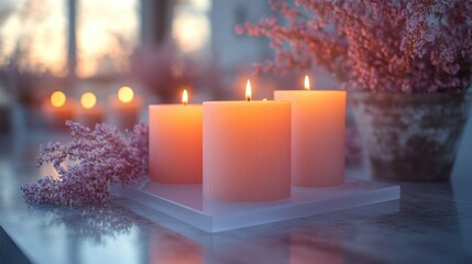 A serene setting featuring three lit candles surrounded by flowers, creating a calming ambiance.